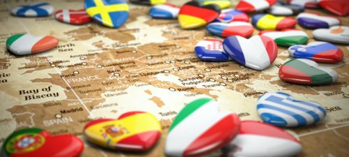 Map of Europe and hearts with flags of european countries